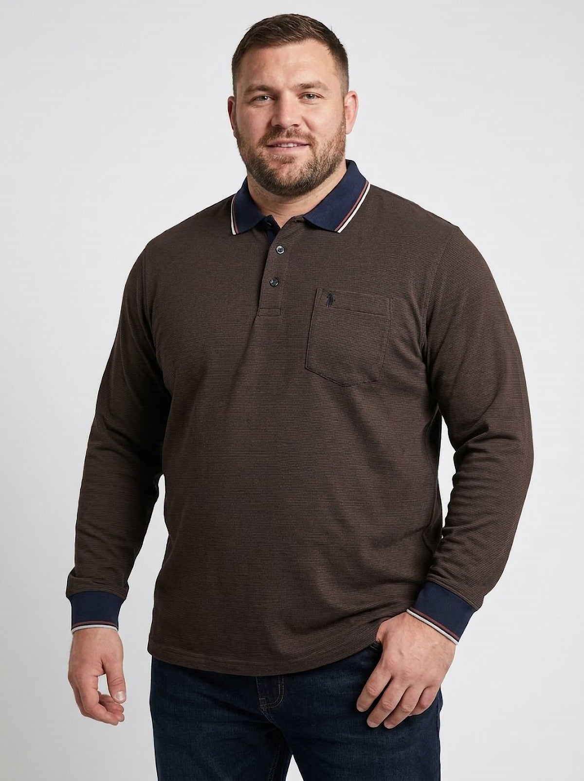 Polo Manga Larga Hombre Tallas Grandes Marrón de Rayas Finas Forestal