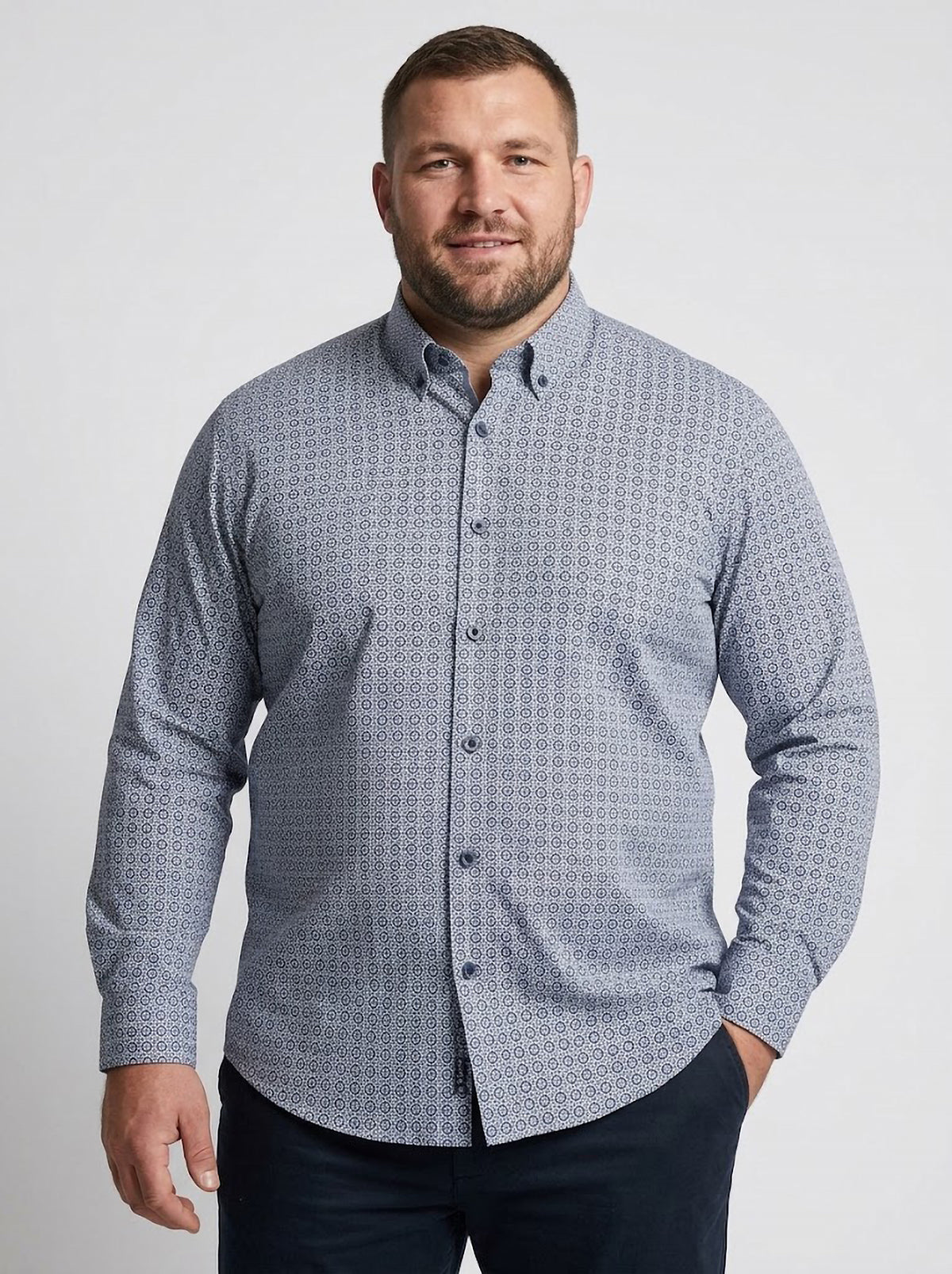Camisa Hombre Tallas Grandes Manga Larga Estampado Geométrico Azul Levoratto
