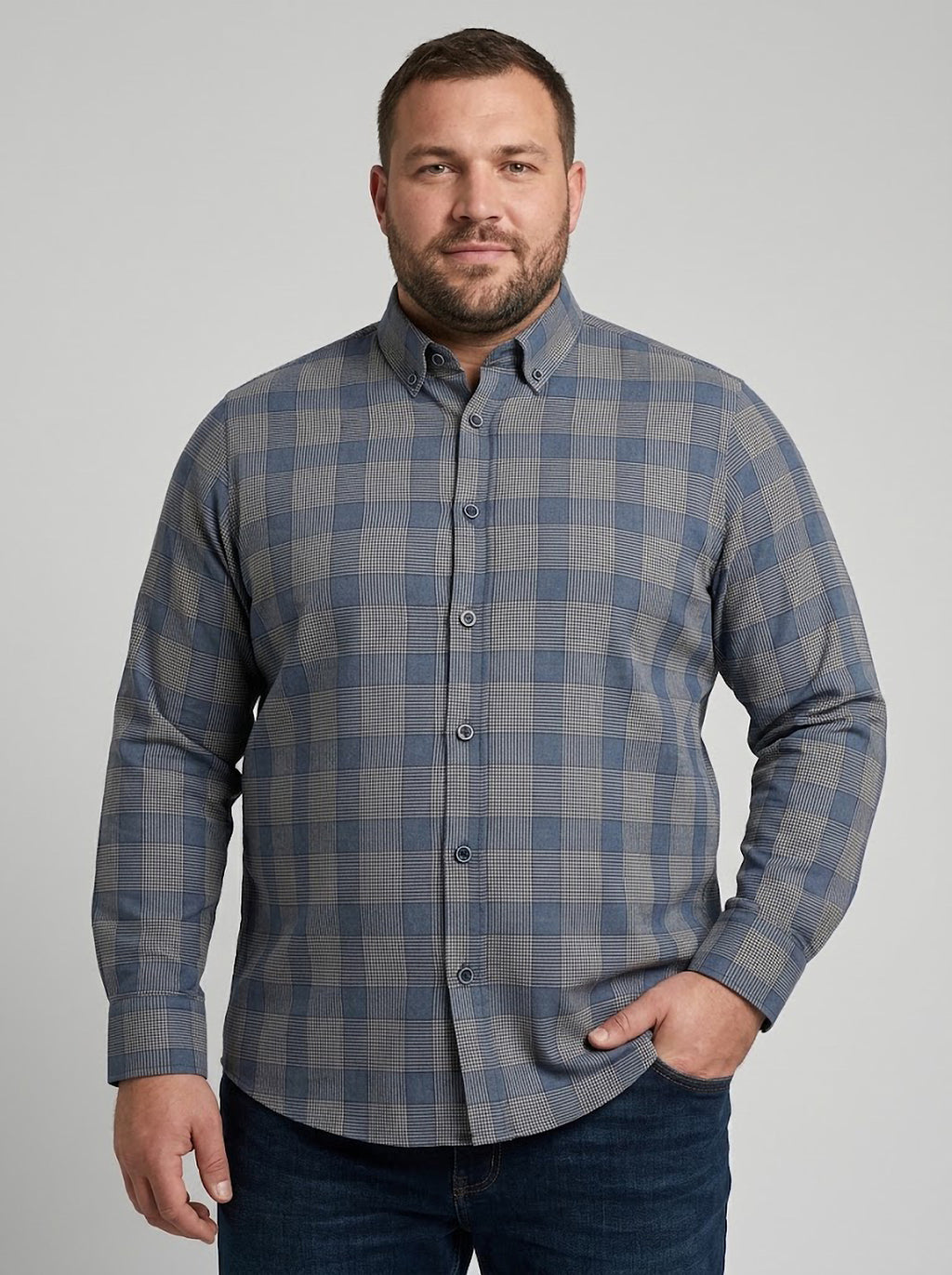 Camisa Hombre Tallas Grandes Manga Larga Cuadros Azul y Gris Levoratto