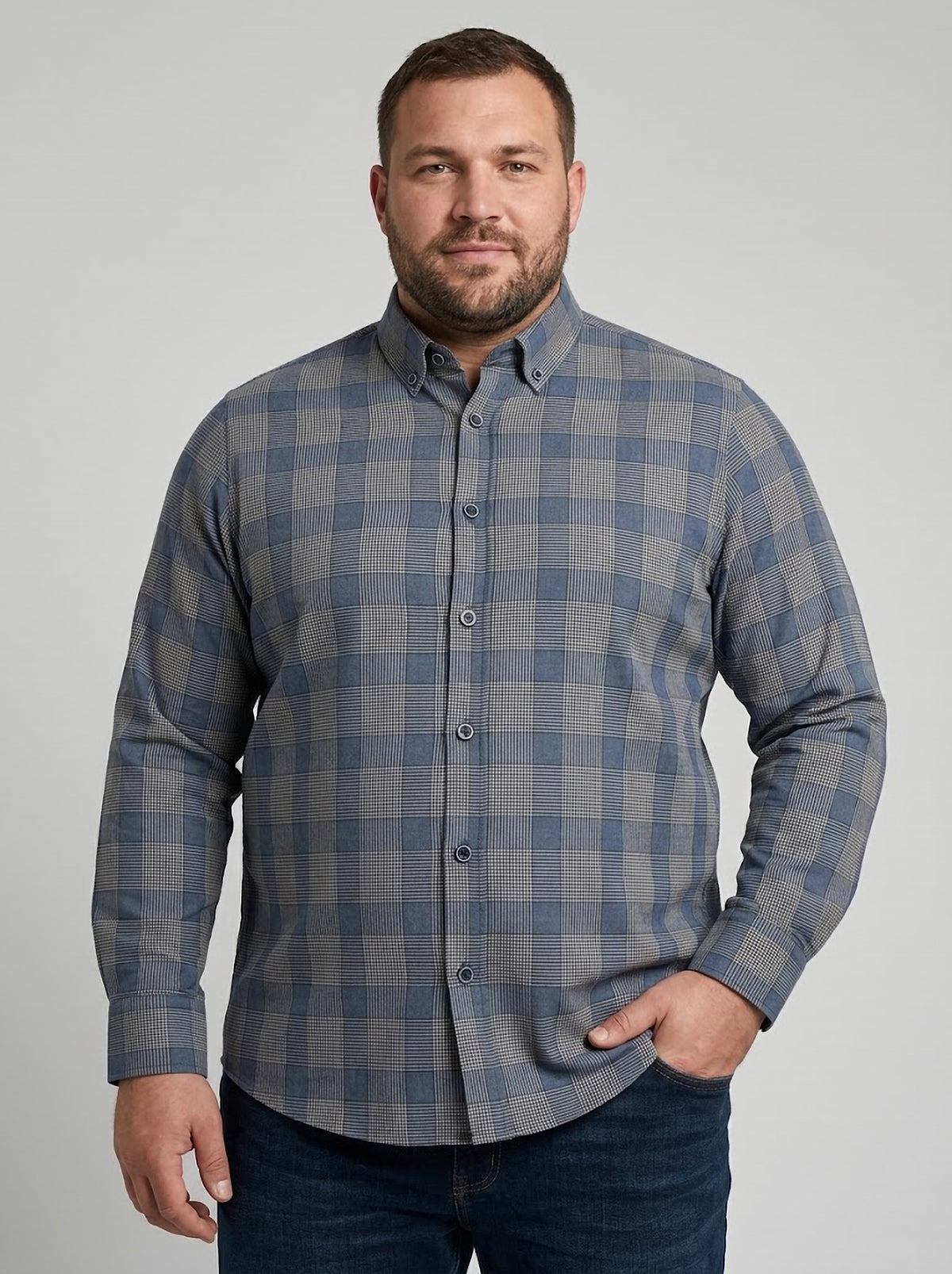 Camisa Hombre Tallas Grandes Manga Larga Cuadros Azul y Gris Levoratto