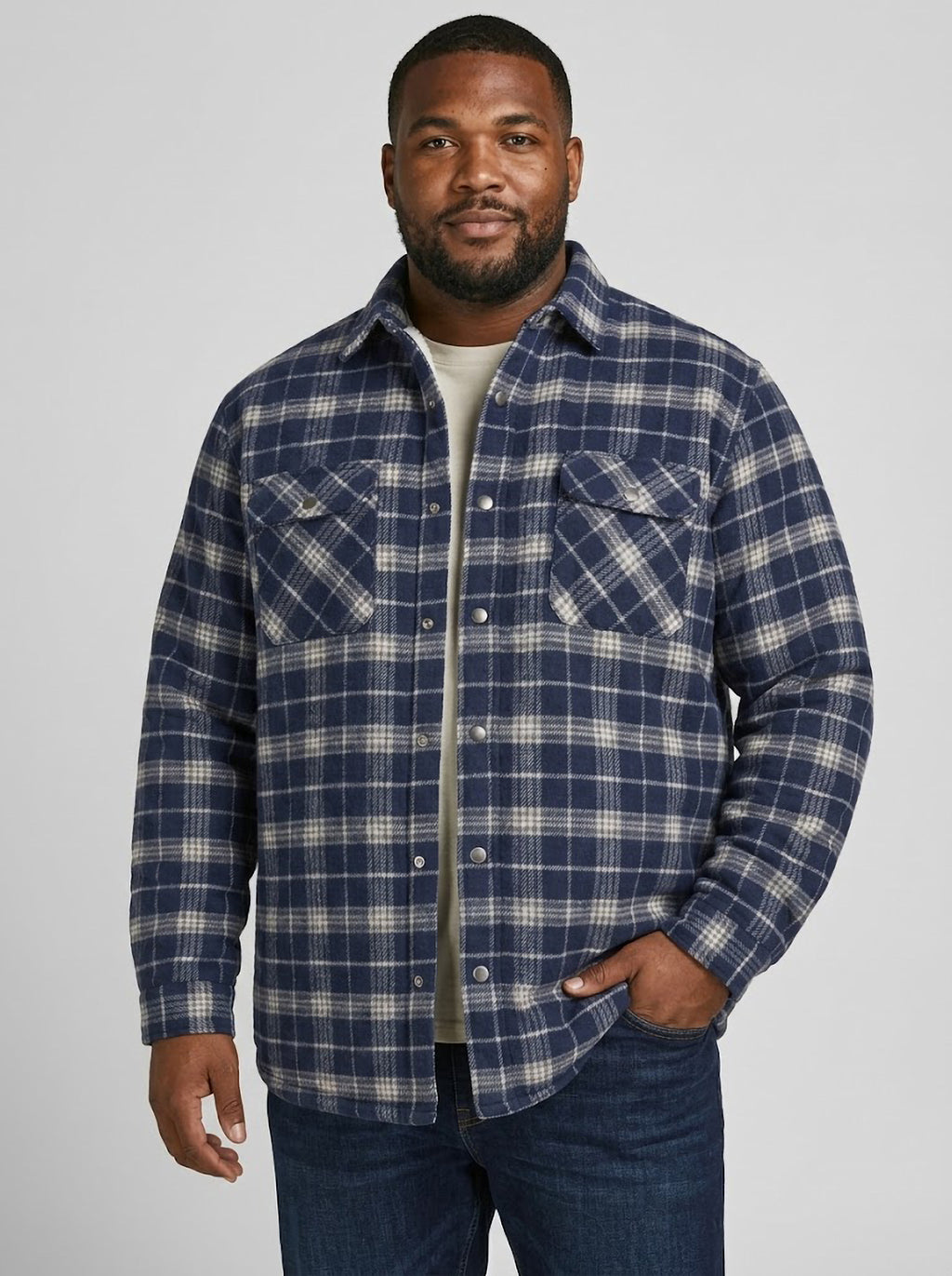 Sobrecamisa Hombre Tallas Grandes Forestal Cuadros Azul Marino y Beige con Forro Borreguito