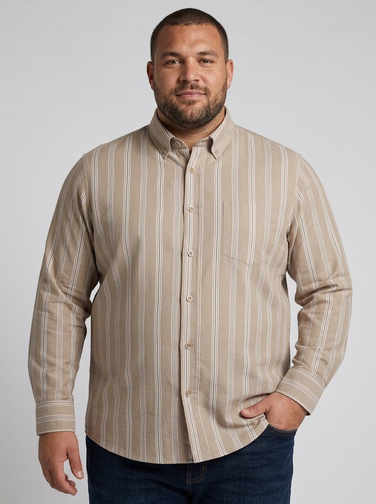 Camisa Hombre Tallas Grandes Manga Larga Rayas Beige Levoratto
