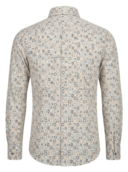 Camisa Hombre Tallas Grandes Manga Larga Estampado Geométrico Beige y Azul Levoratto