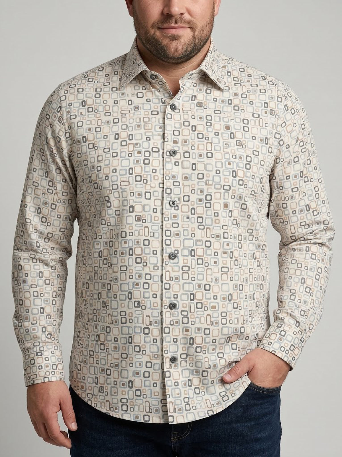 Camisa Hombre Tallas Grandes Manga Larga Estampado Geométrico Beige y Azul Levoratto