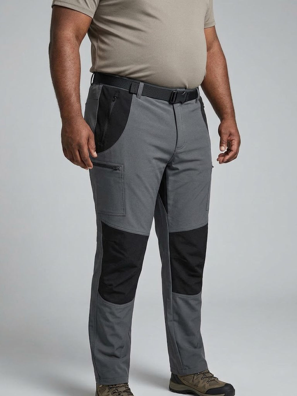 Pantalón Hombre Tallas Grandes Trekking Gris y Negro con Cinturón Koyote