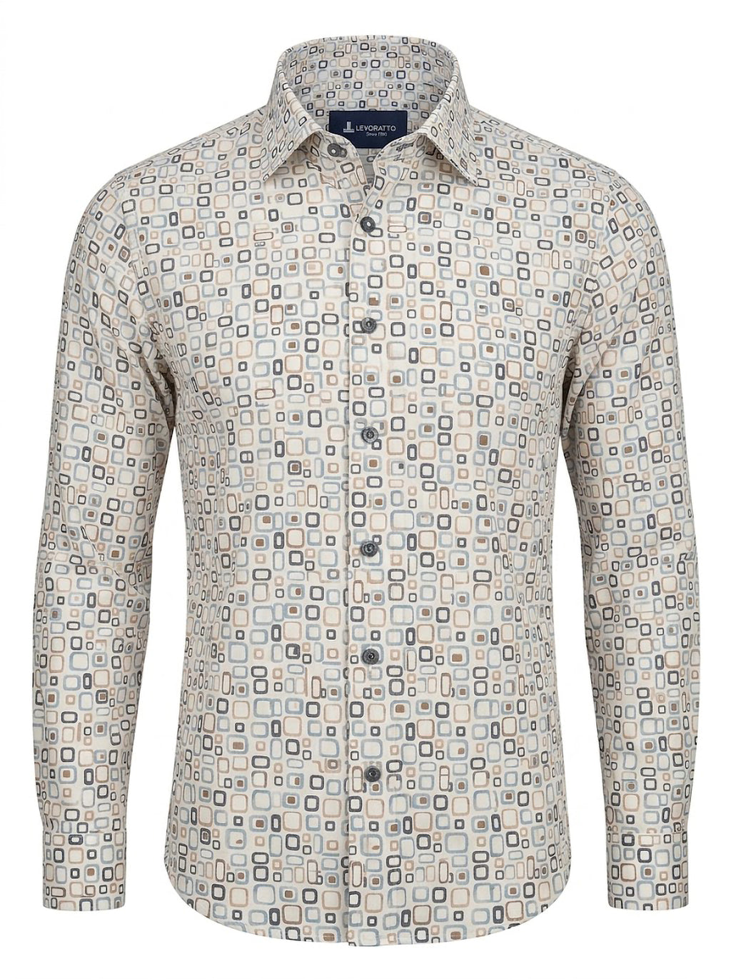 Camisa Hombre Tallas Grandes Manga Larga Estampado Geométrico Beige y Azul Levoratto
