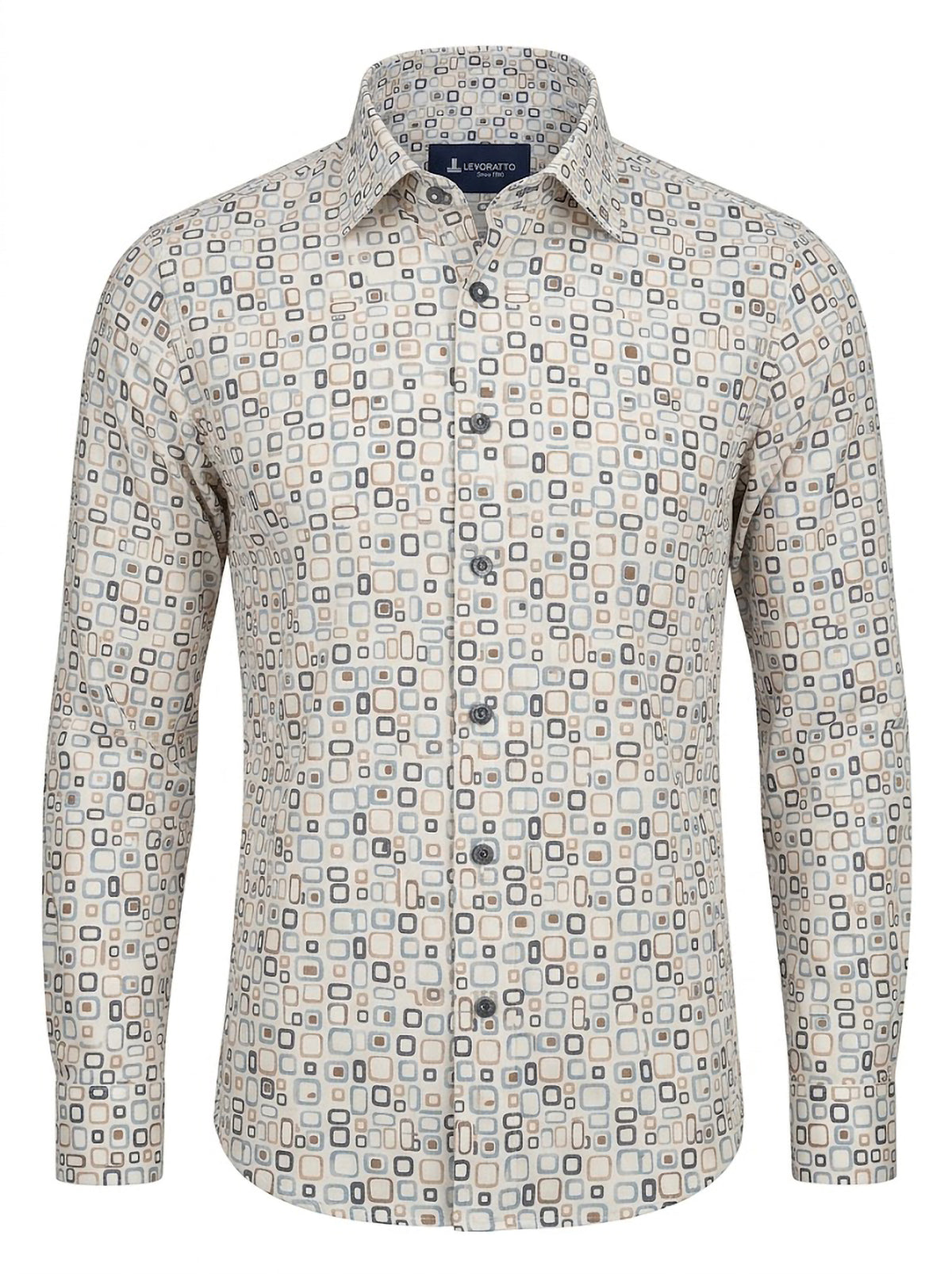 Camisa Hombre Tallas Grandes Manga Larga Estampado Geométrico Beige y Azul Levoratto