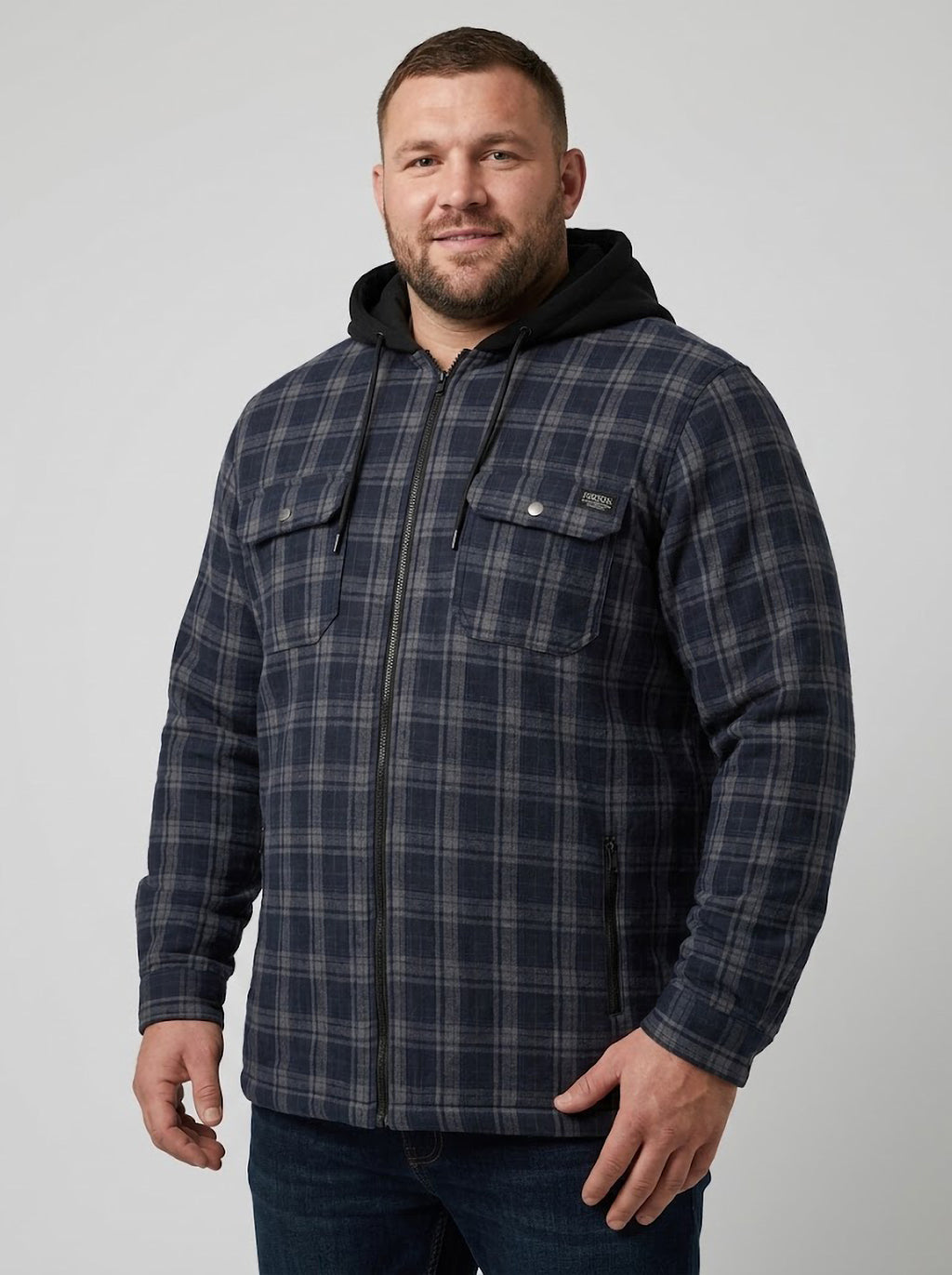 Sobrecamisa Hombre Tallas Grandes con Capucha Cuadros Azul Marino y Gris Forestal