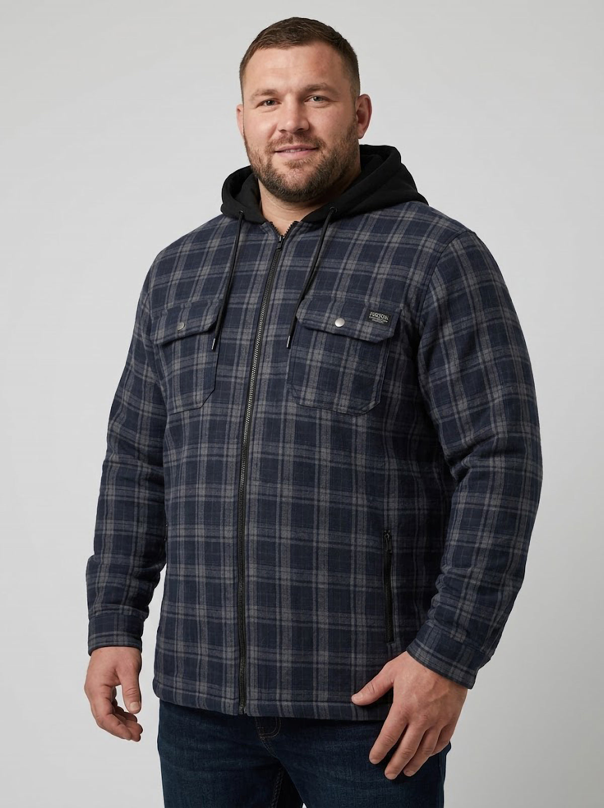 Sobrecamisa Hombre Tallas Grandes con Capucha Cuadros Azul Marino y Gris Forestal