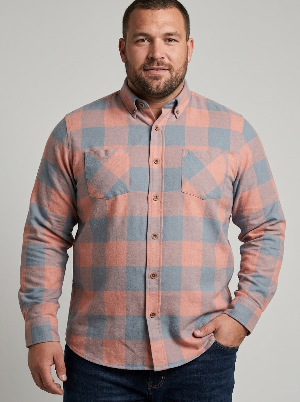 Camisa Hombre Tallas Grandes Manga Larga Cuadros Terracota y Azul Levoratto