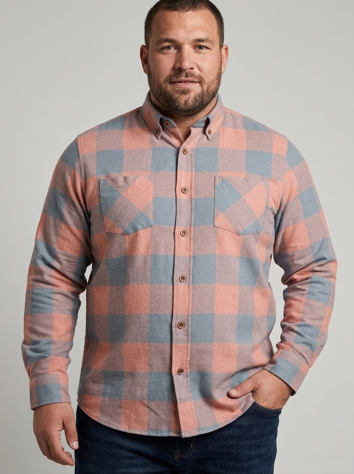 Camisa Hombre Tallas Grandes Manga Larga Cuadros Terracota y Azul Levoratto