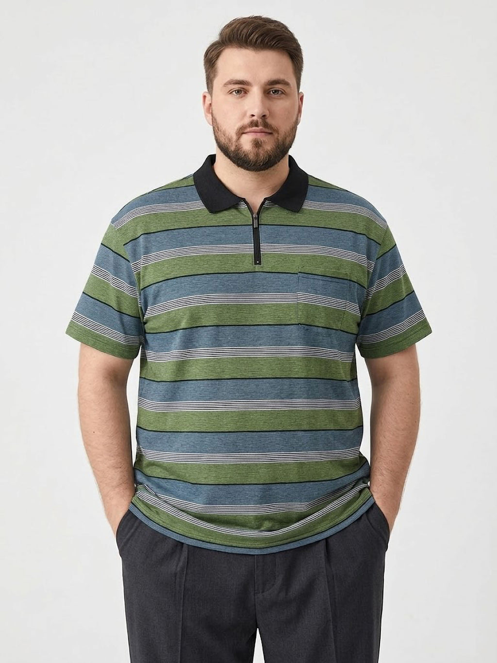 Polo Stripes Zip Forestal